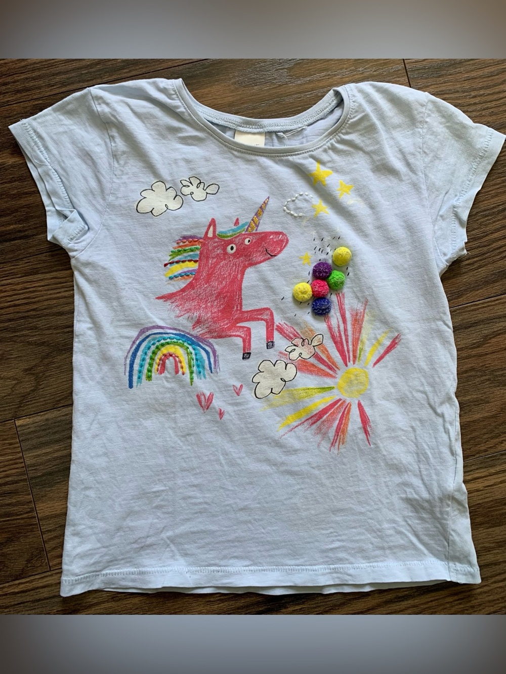 Cute Unicorn Graphic Tee with Pom-Pom Accents - Size 5-6yrs